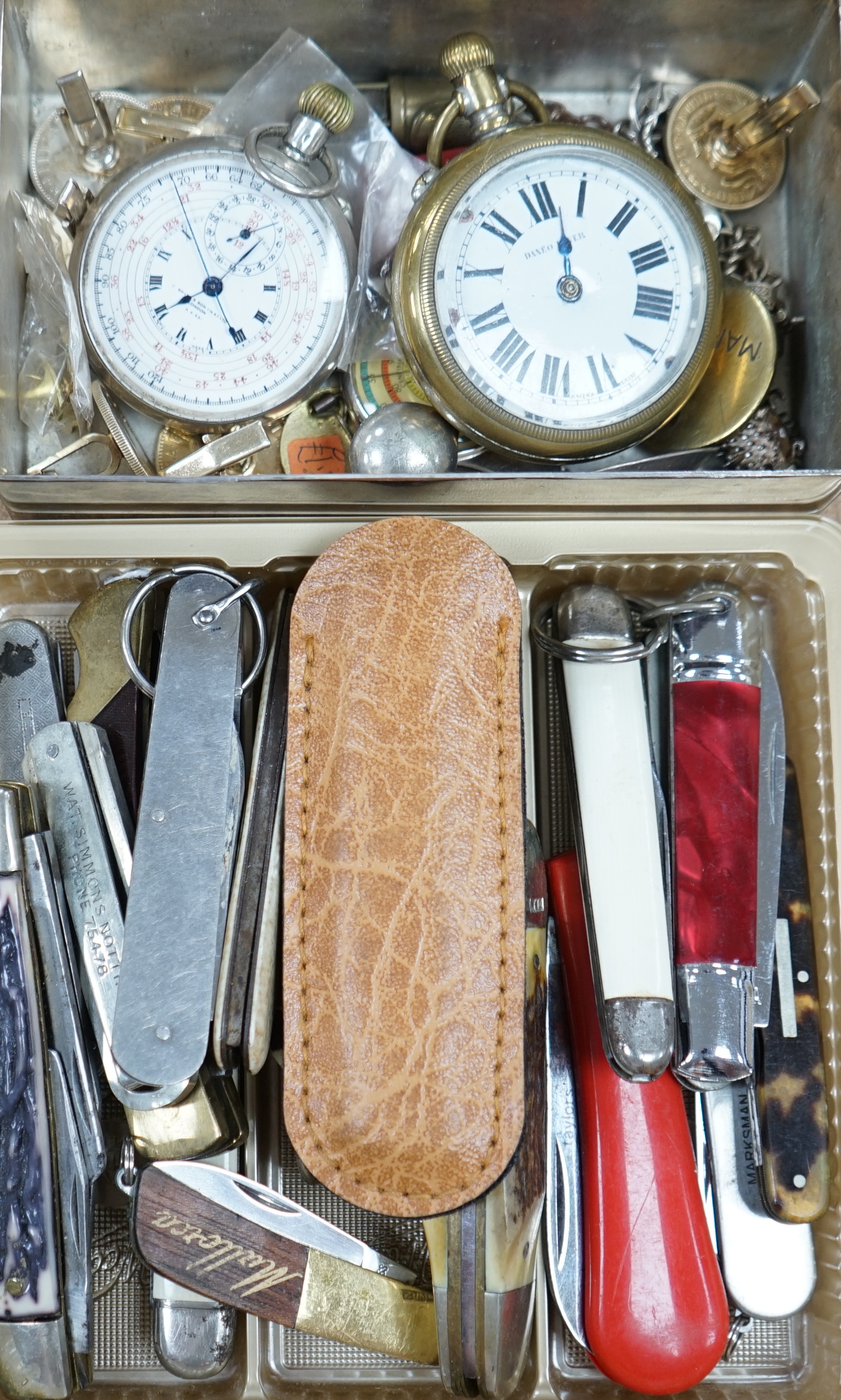 A collection of pen knives, a pocket watch stop watch and mixed collectables